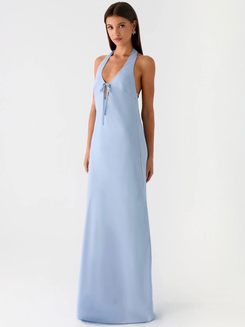 PepperMayo Coralie Light Blue Halter Tie-Front Maxi Dress